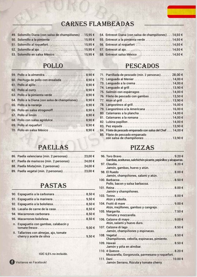 Restaurante Toro Bravo carta 1